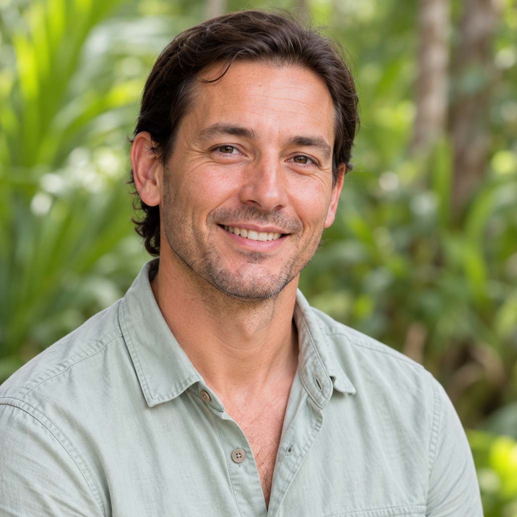 Team member in a pale sage shirt with short brown hair