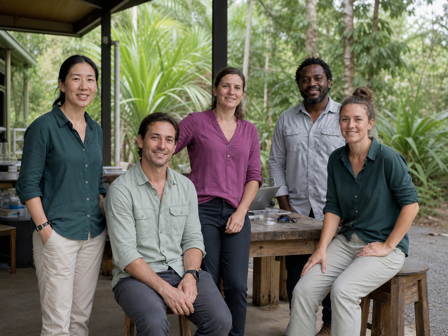 A diverse research team at a tropical field station