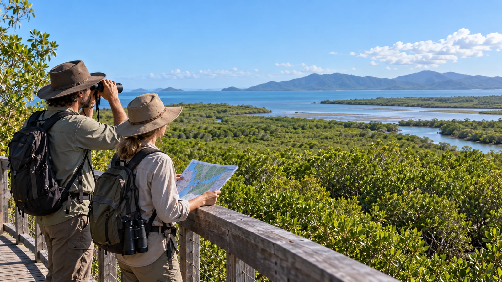 Two researchers surveying a coastal wetland in a wide photograph
