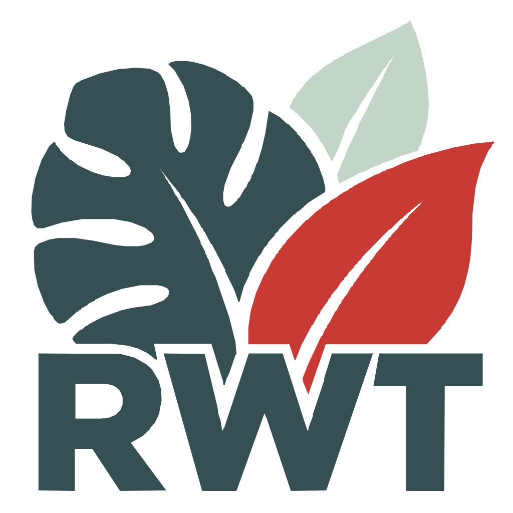 RWT tropical leaves in green, sage and quandong red